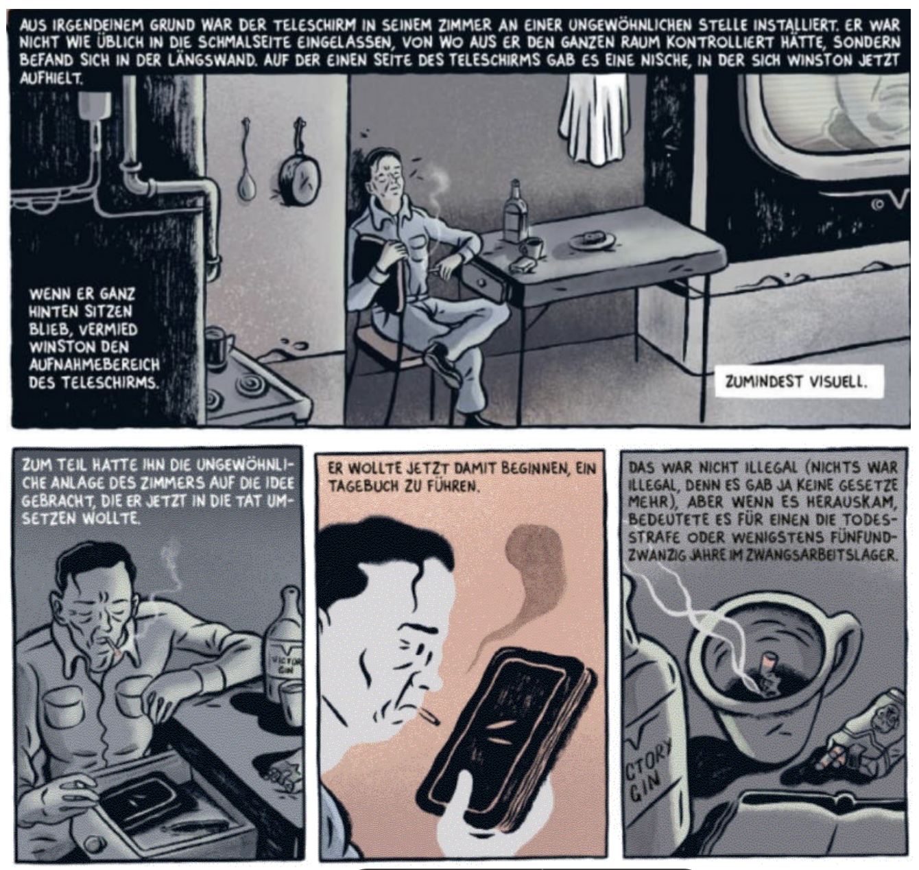 Comicseite: Mann in kargem Zimmer rauchend am Tisch mit Flasche und Aschenbecher, Fernseher an der Wand, Notizbuch.